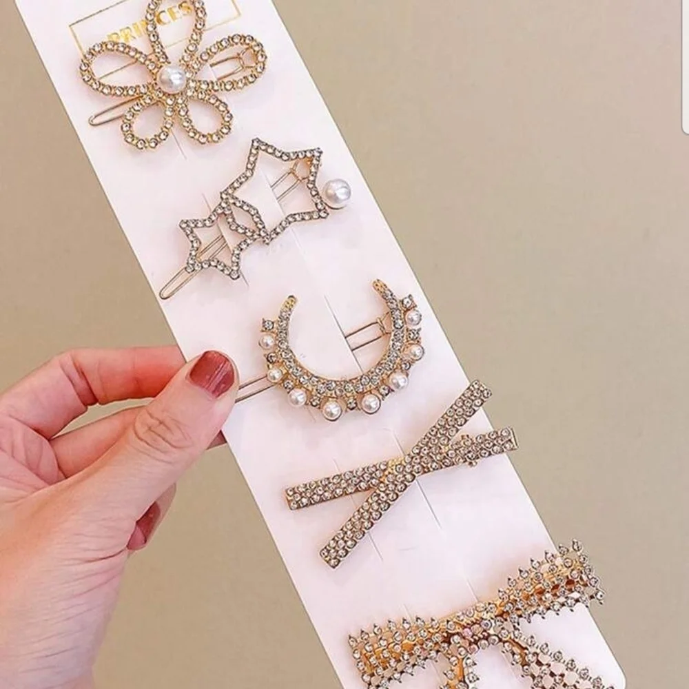 Rhinestone Hair Clip Set with Pearl Accents Gold